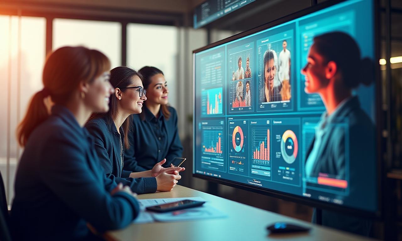 Diverse team interacting with a digital engagement platform in a modern open office